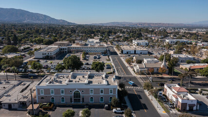 Afternoon view of buildings in downtown Corona, California, USA.