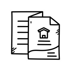 Simple Line Drawing of Two Documents One Featuring a House Icon and Text Lines on a Transparent Background