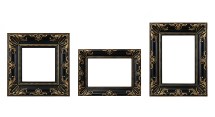 Three Ornate Black And Gold Antique Picture Frames On Black
