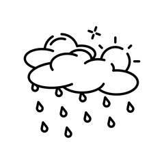 Simple Line Drawing of Sun Behind Clouds with Rain Drops on Transparent Background Weather Icon Style Illustration