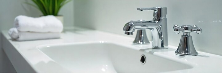 Gleaming Chrome Bathroom Fixtures Spotless Sink, Fluffy Towel, Luxurious Cleanliness