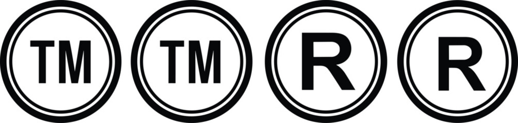  Trademark and registered symbols vector illustration, TM and R icons in circles, intellectual property, logo protection, copyright, brand ownership, legal design elements