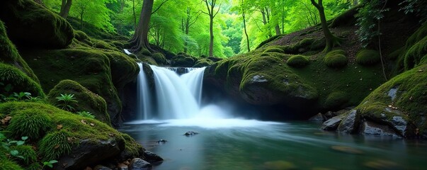 Serene Timelapse of Mossy Waterfalls Cascading Through a Lush Green Forest, Creating a Magical Atmosphere Perfect for Travel and Relaxation