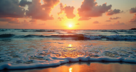 Naklejka premium Ocean Sunset Serenity: The sun dips below the horizon, painting the sky with vibrant hues as gentle waves caress the shore, creating a scene of peace and tranquility. 
