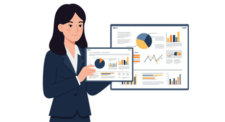 Businesswoman presenting data charts on tablet and screen.