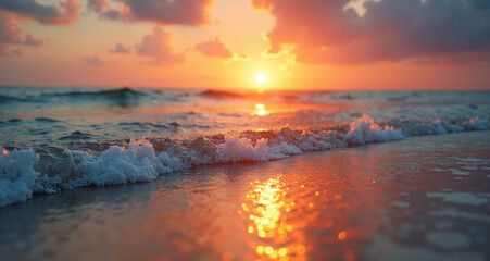 Obraz premium Golden Horizon: The ocean's edge gleams with a breathtaking sunset, a canvas of vibrant orange and soft pink hues reflected in the wet sand as gentle waves roll in.
