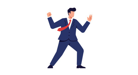 Businessman in suit celebrating success with arms raised.