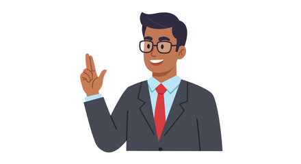 Illustration of a man in a suit pointing upwards with his index finger.