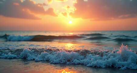 Sunset Serenity: The tranquil sea under a vibrant, colorful sunset, the sun reflecting on the waves, creating a serene and mesmerizing atmosphere.