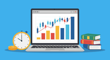 Laptop showing a stock market chart with books, clock and coins on a blue background.