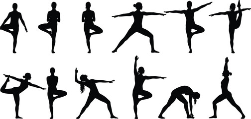  Yoga poses silhouette collection, women performing balance exercises, fitness workout illustration, meditation and stretching vector, healthy lifestyle art for wellness and relaxation