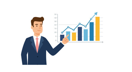 Illustration of a businessman presenting a growth chart with an upward trend.