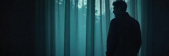 Mysterious Shadowy Figure Behind Translucent Curtain, Dark Background, Hidden Secrets, Suspense, Intrigue