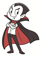 Vampire with pale skin, pointy ears, and small fangs. He’s wearing a black suit with a red bow tie and a long black-and-red cape, standing confidently with his arms crossed and a mischievous grin.