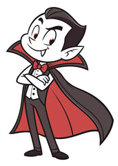 A cartoon vampire with pale skin, slick black hair, and fangs stands confidently with arms crossed. He wears a red bow tie, black cape, and formal outfit capturing a playful Halloween vibe.