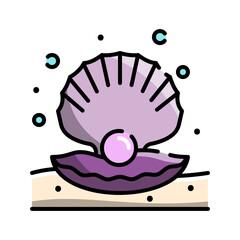 Open Purple Seashell with a Pink Pearl Inside on Sandy Ocean Floor with Bubbles Floating Upwards