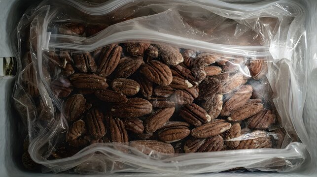 Bulk quantity of raw unshelled pecans stored in a clear plastic bag.