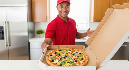 A smiling delivery man in red uniform presents a pizza box in a kitchen setting with cabinets visible