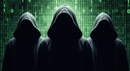 Three figures in hoods stand against a backdrop of binary code in shades of green and black lighting