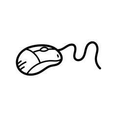 Simple Outline Drawing of a Computer Mouse With a Cord on a Transparent Background and Doodle Style