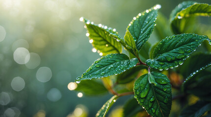 A captivating extreme close-up shot of a green leaf, showing small glistening dew drops on its surface, rendered in hyper-realistic 8K clarity.