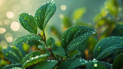 A close and focused composition highlighting a natural curve in the leaf, allowing light to reflect at different angles on the dew drops in 8K precision.
