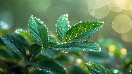 A relatively wide shot showing a fresh, dew-covered leaf in the foreground and a graduated color background in 8K precision.