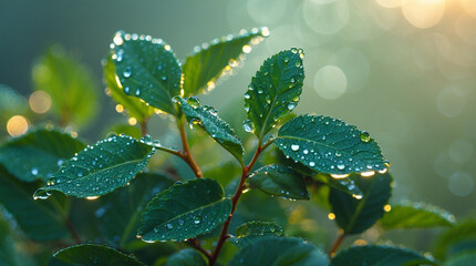 A macro shot showing the backlit effect, where light penetrates the leaf, highlighting the veins as a luminous system with dew drops in 8K precision.