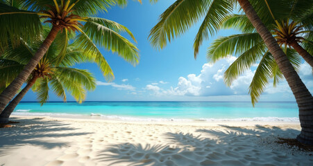 Tropical Beach Paradise: A vibrant tropical scene, showcasing a pristine beach with powdery white sand and crystal-clear turquoise water.