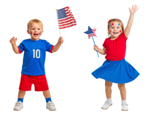Joyful American kids celebrating Independence Day with flags and patriotic face paint, isolated on transparent background for Fourth of July festive design