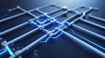 A wide and epic composition depicting the interconnected blue energy network as part of an abstract cosmic architecture in 8K precision.