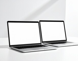 Fototapeta premium Two Modern Laptops with Blank Screens on White Surface in Studio Lighting