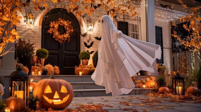 Halloween decorated house with pumpkins, candles and flying ghost
