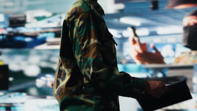 Air defense commander using radar systems on tablet app to detect incoming ballistic missiles. Army soldier in base of operations scanning enemy rockets using device application, camera B