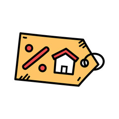 Orange Tag Shaped Like Label with House Icon and Percentage Symbol Doodle Art