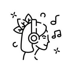 Simple Outline Graphic of a Woman Wearing Headphones Enjoying Music with Musical Notes Floating Around Her Head on a Transparent Background