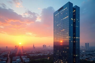 Modern Glass Tower Reflecting City Skyline at Sunset  A Stunning Architectural Image Ideal for Corporate Real Estate and Development Projects.