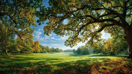 Obraz premium Morning elegance: the majestic glow of an autumn meadow. Avant-garde shots. Autumn's mystic dance: meadow bathed in morning light and fog. Strange beauty. Edgy editorial.