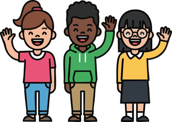 Naklejka premium Diverse group of three happy cartoon children waving hello.