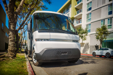 Electric delivery truck parked on a street sidewalk.