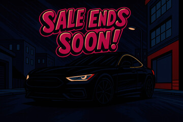 glowing car headlights and bold sale ends soon text representing automotive promotion advertisement and urban night marketing concept