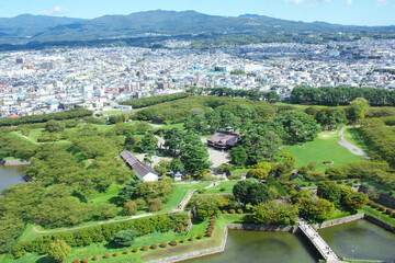 Obraz premium Iconic aerial view of the star-shaped fort of Goryokaku Park in Hakodate, Japan