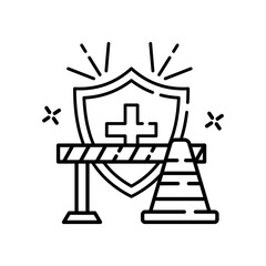 Outline Icon of Medical Shield with Cross and Barrier Cone Symbolizing Health Protection and Safety Measures and Emergency Zone