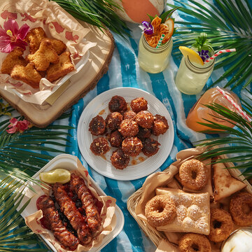 A Feast for the Senses: A vibrant, sun-drenched scene of delectable foods and refreshing beverages artfully arranged, evoking the essence of a delightful outdoor gathering. 
