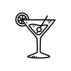 Outline drawing of a martini glass with a lemon slice and olive on a transparent background