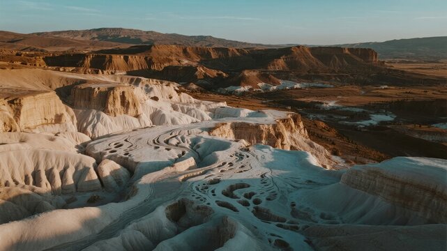 Aerial view of travertine terraces in a desert landscape with layered mineral deposits and rugged cliffs under clear sky