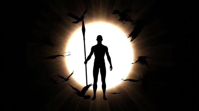 A heroic silhouette of a warrior with a spear against a bright backdrop.