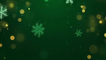 A tranquil and festive winter scene with delicate snowflakes and soft golden bokeh lights gently falling on a rich green background perfect for Christmas and holiday video cards - Powered by Adobe