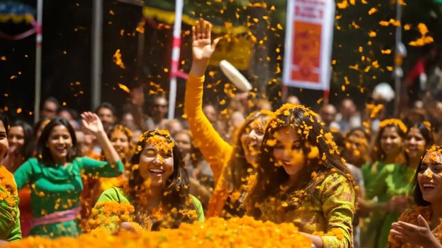 Day Of The Dead or Diwali Day Celebration of Women Traditional Attire, Joyful Expressions, and Flower Petals During
