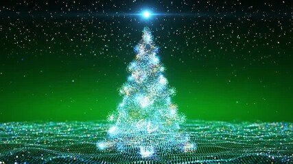 A magical Christmas tree formed from glowing, sparkling particles on a digital landscape under a starry green sky perfect for futuristic holiday greetings and tech-themed celebrations - Powered by Adobe